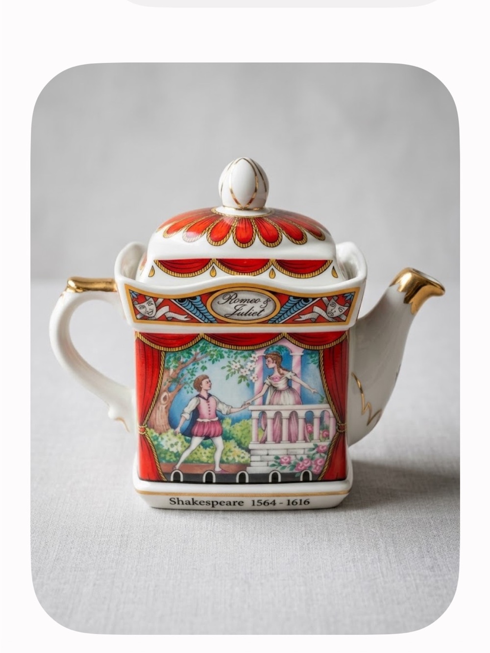 Romeo & Juliet Porcelain Teapot - White with Red and Gold Accents